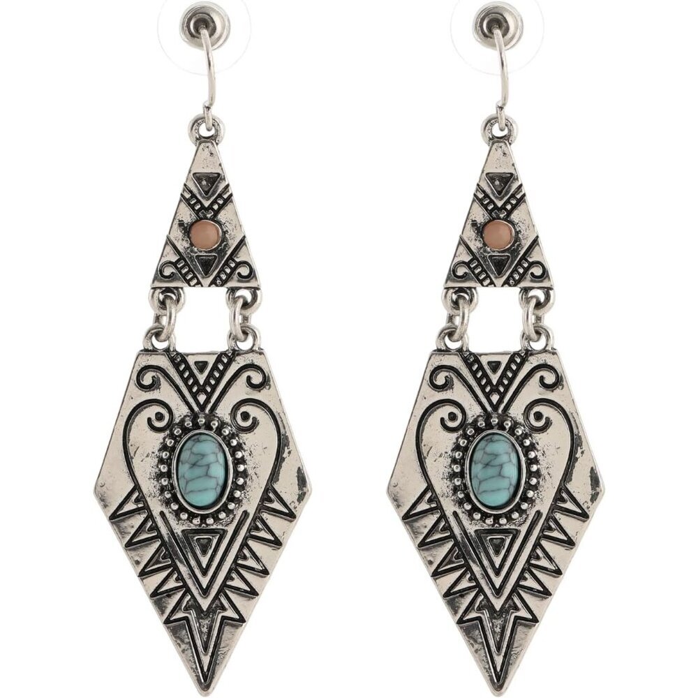 Boho Turquoise Dangle Earrings for Women Vintage Geometric Retro Silver Brass